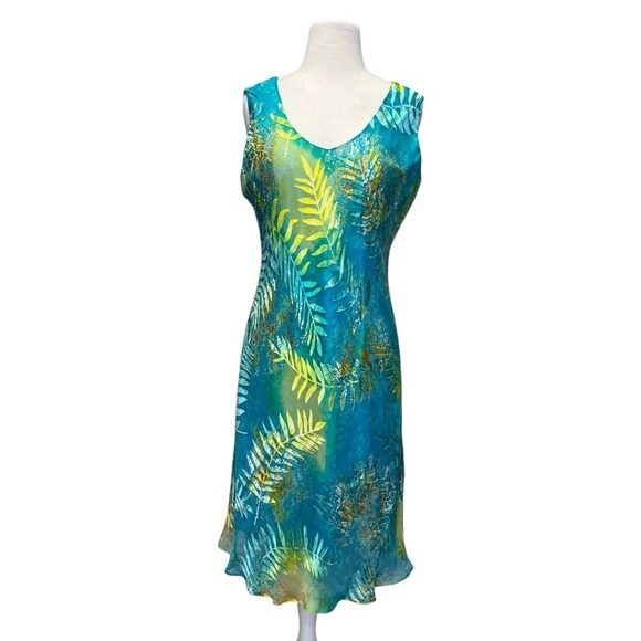Simply Silk Large Slip Dress Velvet Burnout Green Blue Fern‎ Floral Fairycore - Picture 1 of 9